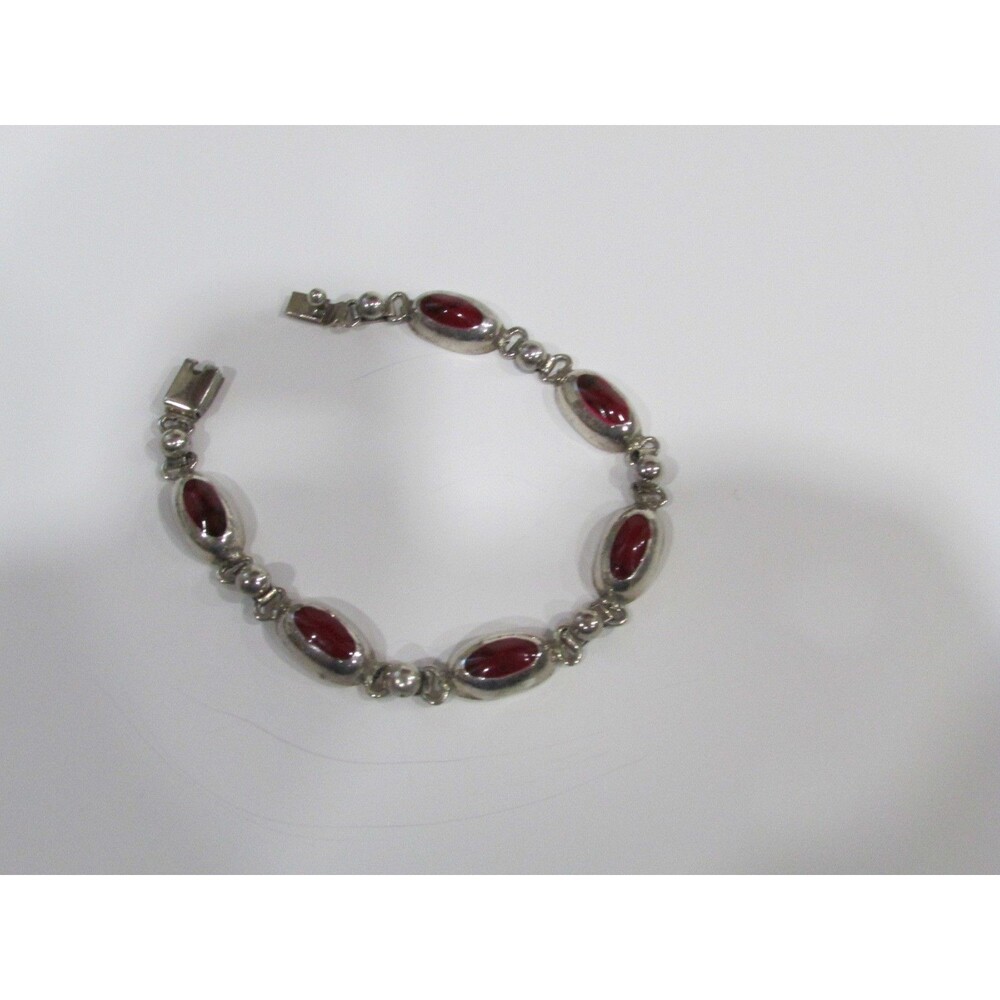 Mexican Vintage Sterling Silver 925 Hand Stamped Linked Bracelet Red Enamel